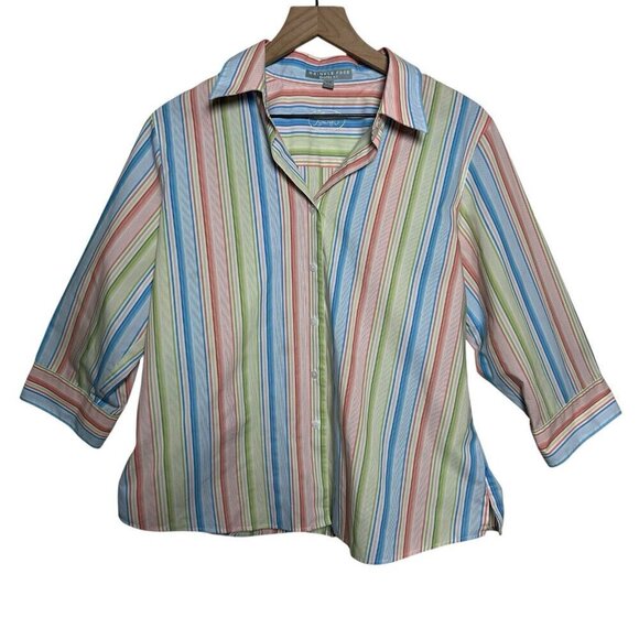 Foxcroft Tops - Foxcroft Wrinkle Free Striped 3/4 Sleeve Top Sz 14P Button Cotton Travel *Flaw